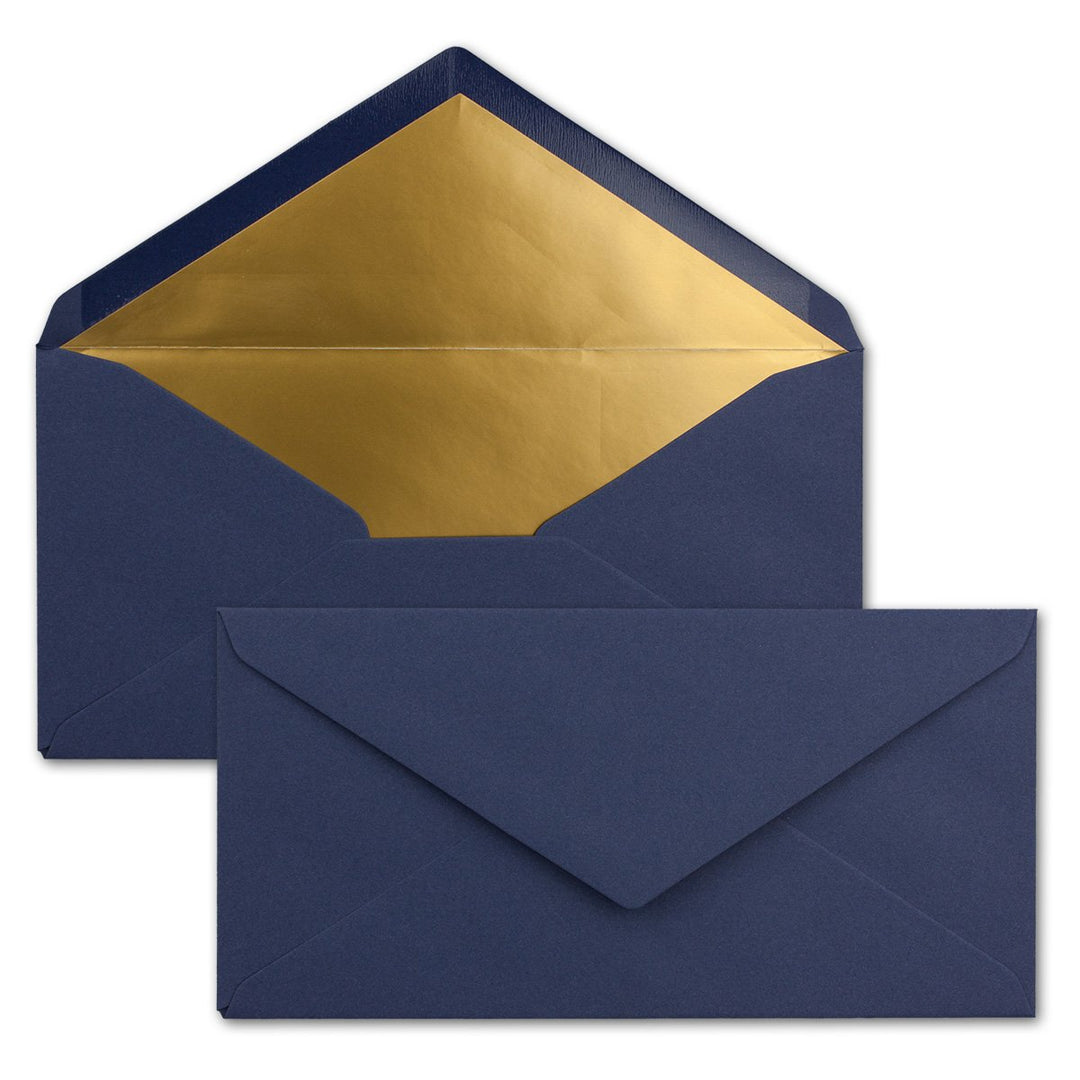 100 Brief-Umschläge DIN Lang - Dunkel-Blau/Nachtblau mit Gold-Metallic Innen-Futter - 110 x 220 mm -