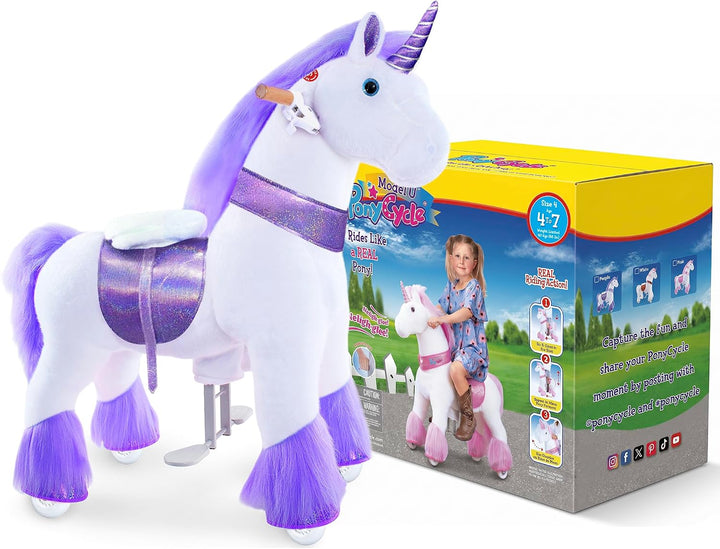 PonyCycle Einhorn mit Rollen für Kinder 4–7 Jahre, 90cm Hoch, Lila Plüsch Reitpferd auf Rollen mit H