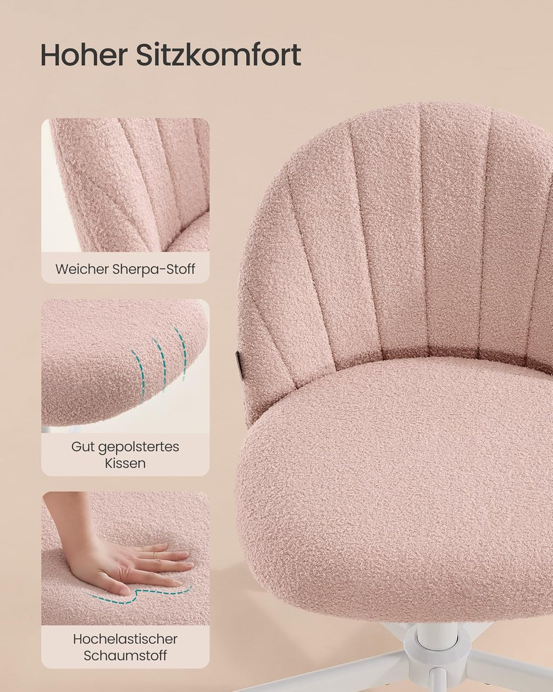 SONGMICS Homeoffice-Stuhl, Schminkstuhl aus Fleece, Schreibtischstuhl, Schaumstoffpolsterung, höhenv