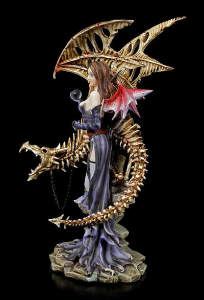 Figuren Shop GmbH Fantasy Dark Angel Figur - Larua mit Skelett Drache | Gothic Deko-Figur, handbemal