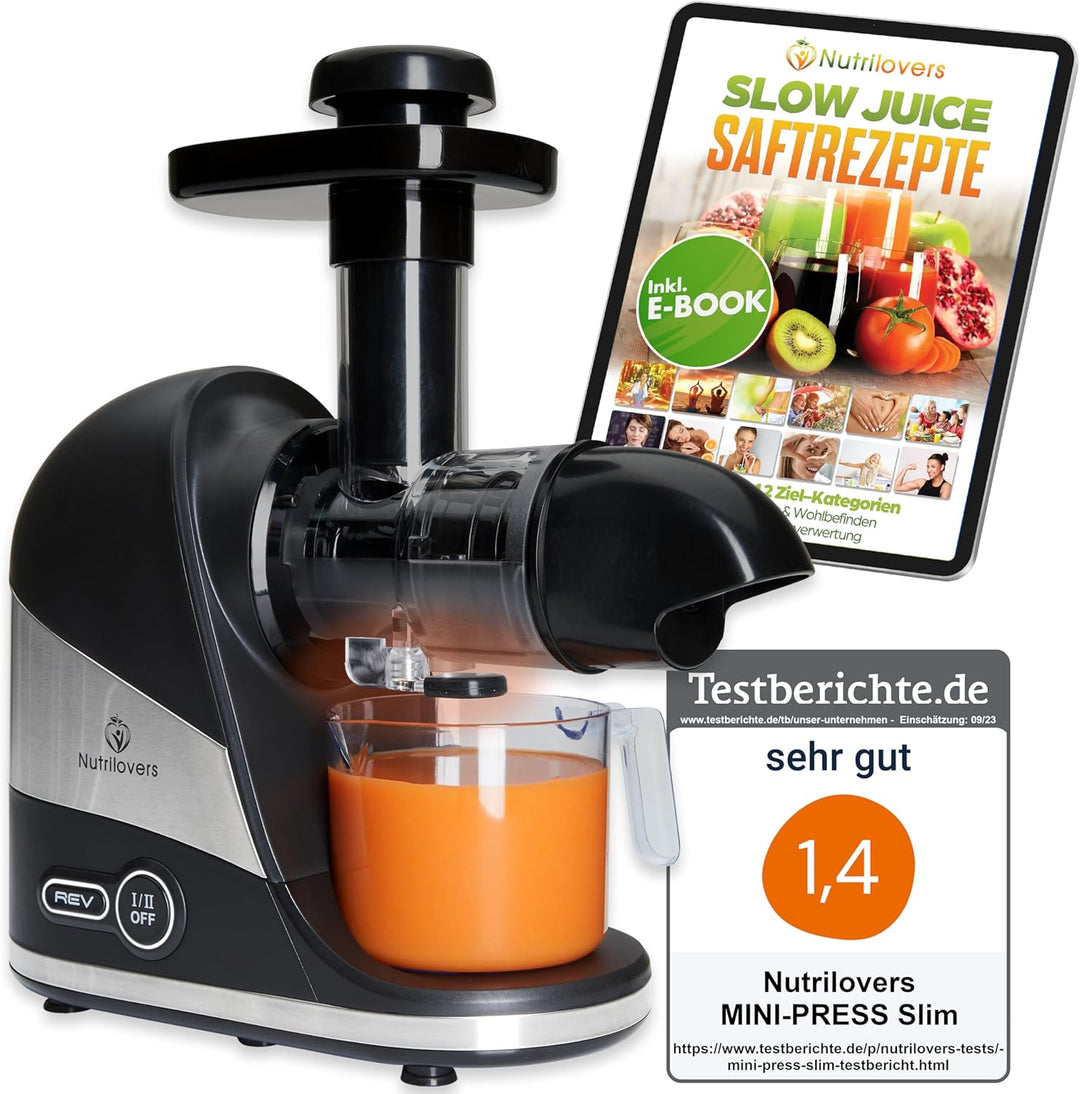 Nutrilovers Slow Juicer MINI-PRESS kompakt für Singles & Kleine Küchen DEUTSCHE MARKE Inkl. Rezeptbu