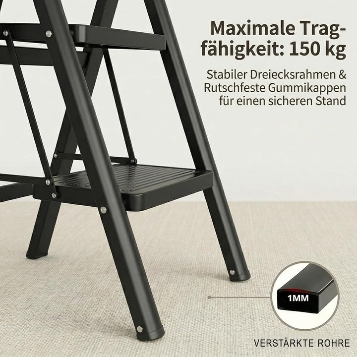 Trittleiter 2 Stufen Klappbar, stufenleiter,Leiter mit breitem Anti-Rutsch-Pedal, Tritthocker mit 15