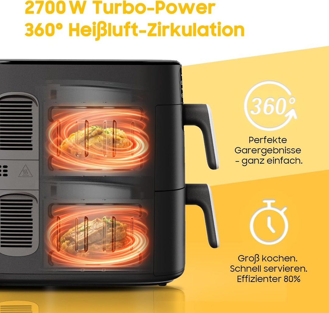 Vertikale Airfryer 10L XXL - 2700W Heissluftfritteuse 2 Kammern, Heissluftfritteuse mit 6 Programme,