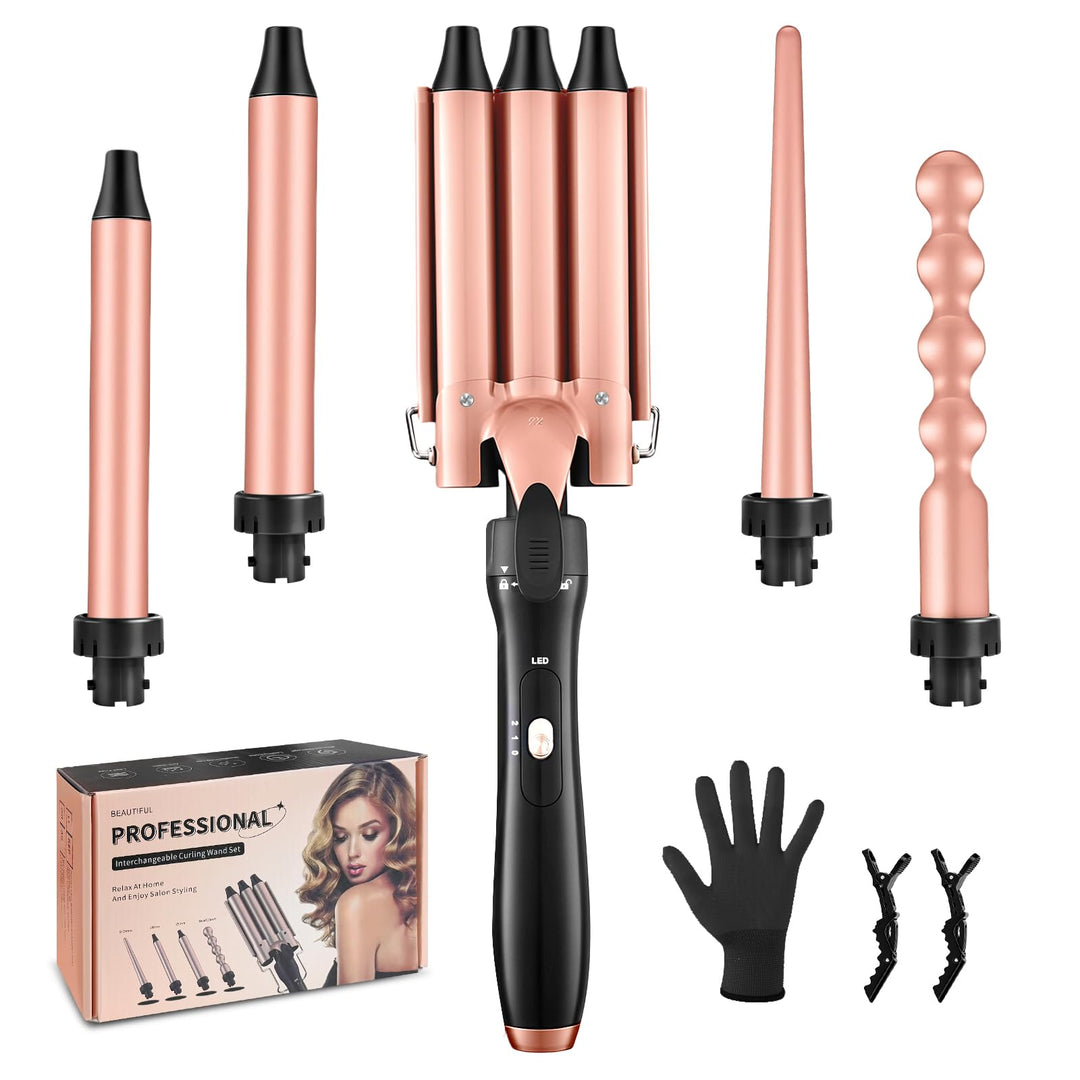 Flintronic 5 in 1 Lockenstab Set mit 4 Multifunktions Austauschbare Fässer, Temperaturverstellbar, S