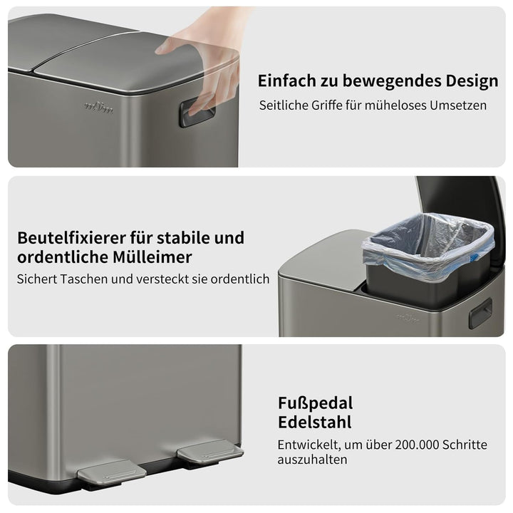 mVm Mülleimer Küche,40 Liter Treteimer,2x20L Doppelter Abfalleimer 2er-Mülleimer Mülltrennung mit In