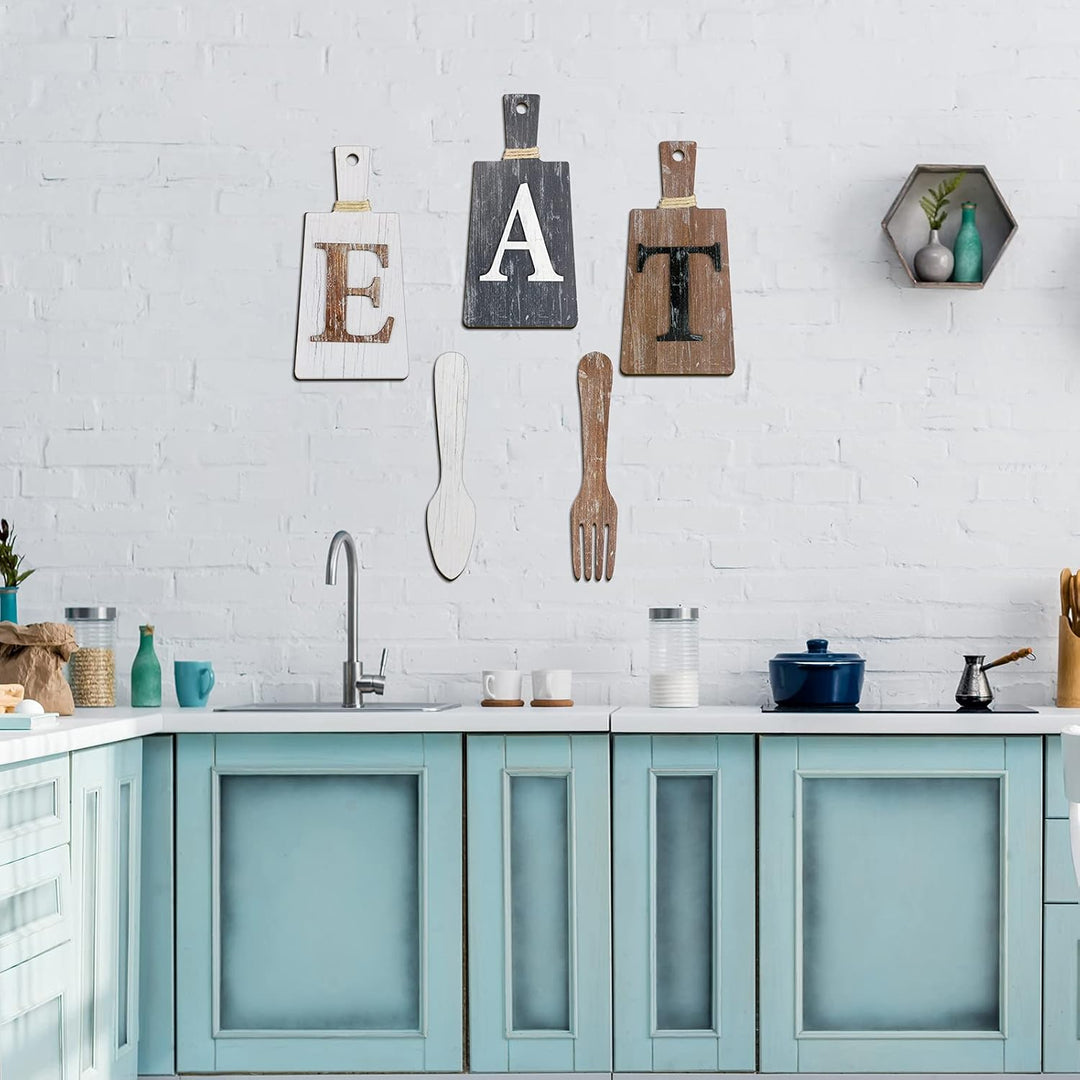 Schneidebrett Eat Schild Set Hängende Kunst Küche Eat Schild Gabel und Löffel Wand Dekoration Rustik