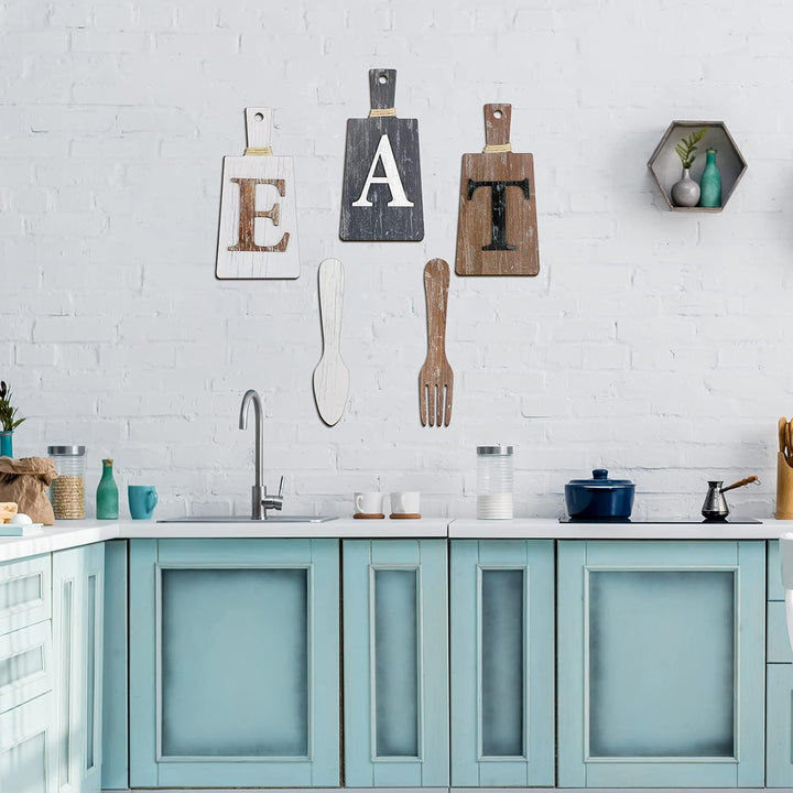 Schneidebrett Eat Schild Set Hängende Kunst Küche Eat Schild Gabel und Löffel Wand Dekoration Rustik