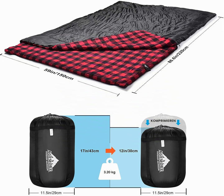 Baumwollflanell-Doppelschlafsack für Camping, Wandern oder Wandern. Queen Size 2 Person wasserdichte
