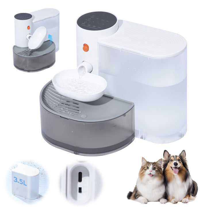 Katzenbrunnen Trinkbrunnen für Katze, 3.5L Leiser Kabellos Wasserbrunnen mit Timing & Wassermenge, A