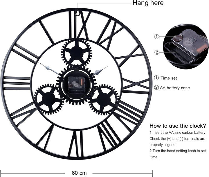 Lafocuse Industriell Gold Zahnrad Wanduhr Gross 57 cm Steampunk Lautlos Metall Quarzuhr mit 3D Romis