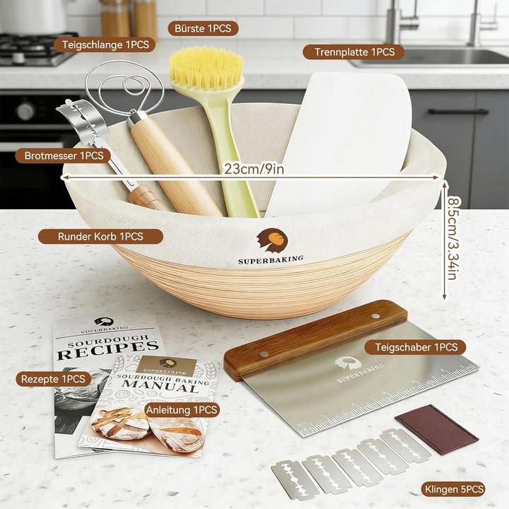 Sauerteig Starter Set, 12 Stück Gärkorb Brot Set, 9 Zoll Rattan Sauerteig Brot Gärkorb mit Kompletts