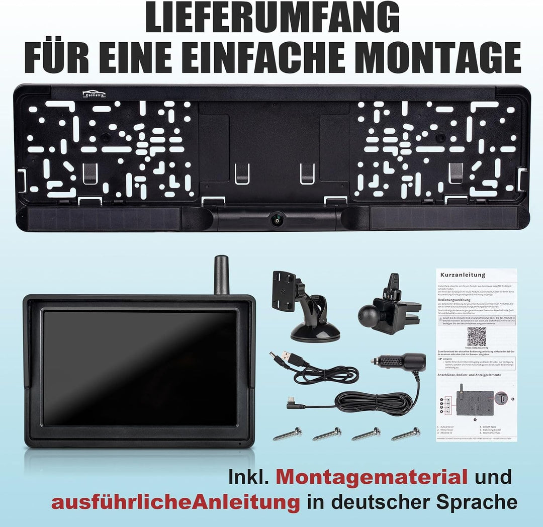 Solar Funk Rückfahrsystem HD Rückfahrkamera im Nummernschild für EU &amp; Österreich mit 5" Monitor Vorn
