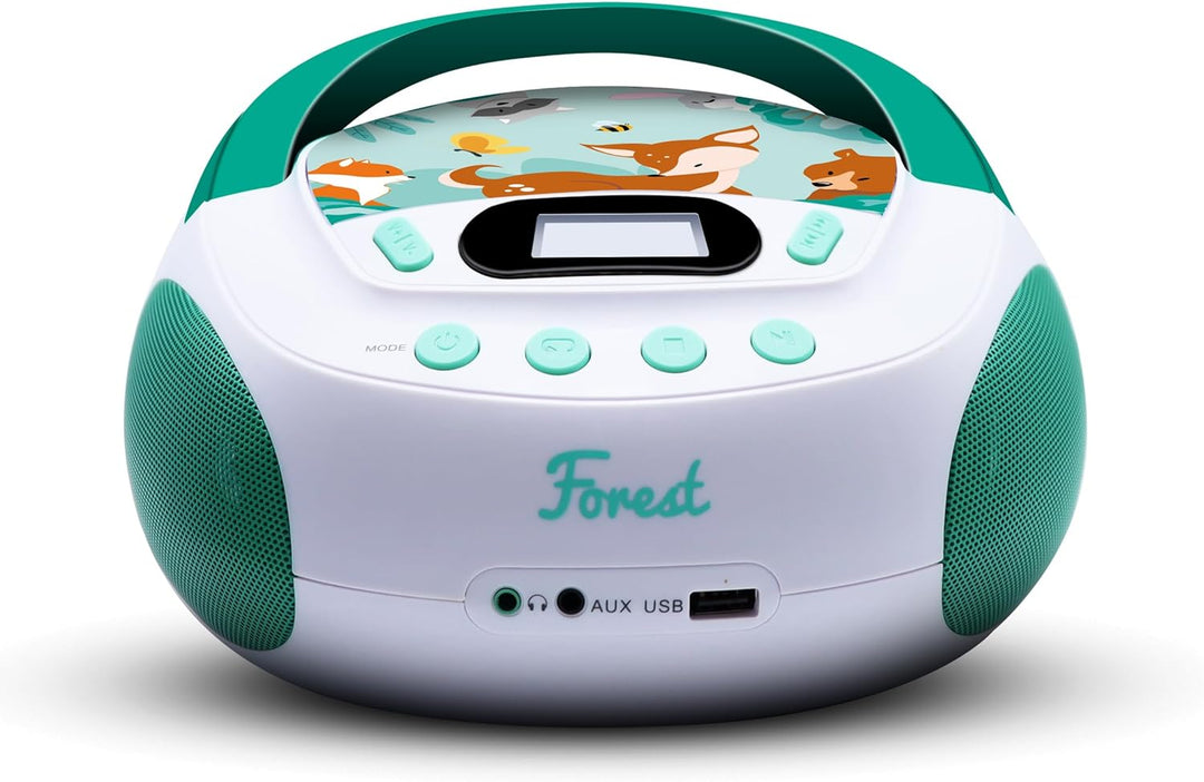 Metronic 477147 CD-MP3-Player Forest Kinder mit USB-Port und Audio-Eingang, Kopfhörerausgang, grün,