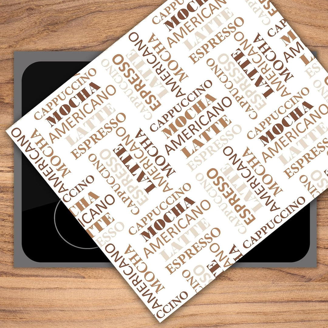 SmartDecoration Herdabdeckplatte Ceranfeldabdeckung aus Glas 60x52 cm Einteilig Motiv "Kaffee" Weiss