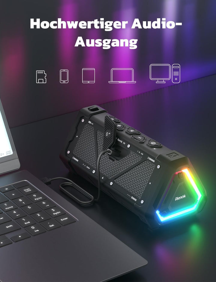 RIENOK S11 Bluetooth Lautsprecher 30W Musikbox mit EQ Modus USB-Audio IPX7 Bluetooth Box 24h Akku Tr