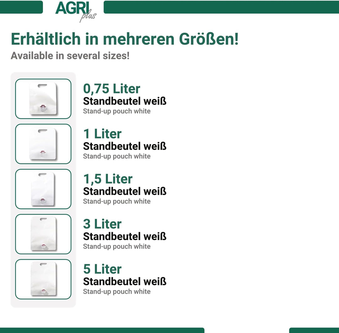 AGRI plus Standbeutel 20 Stück 3,0 Liter weiss | Anzahl und Grösse wählbar | Bag in Box Beutel 0,75-