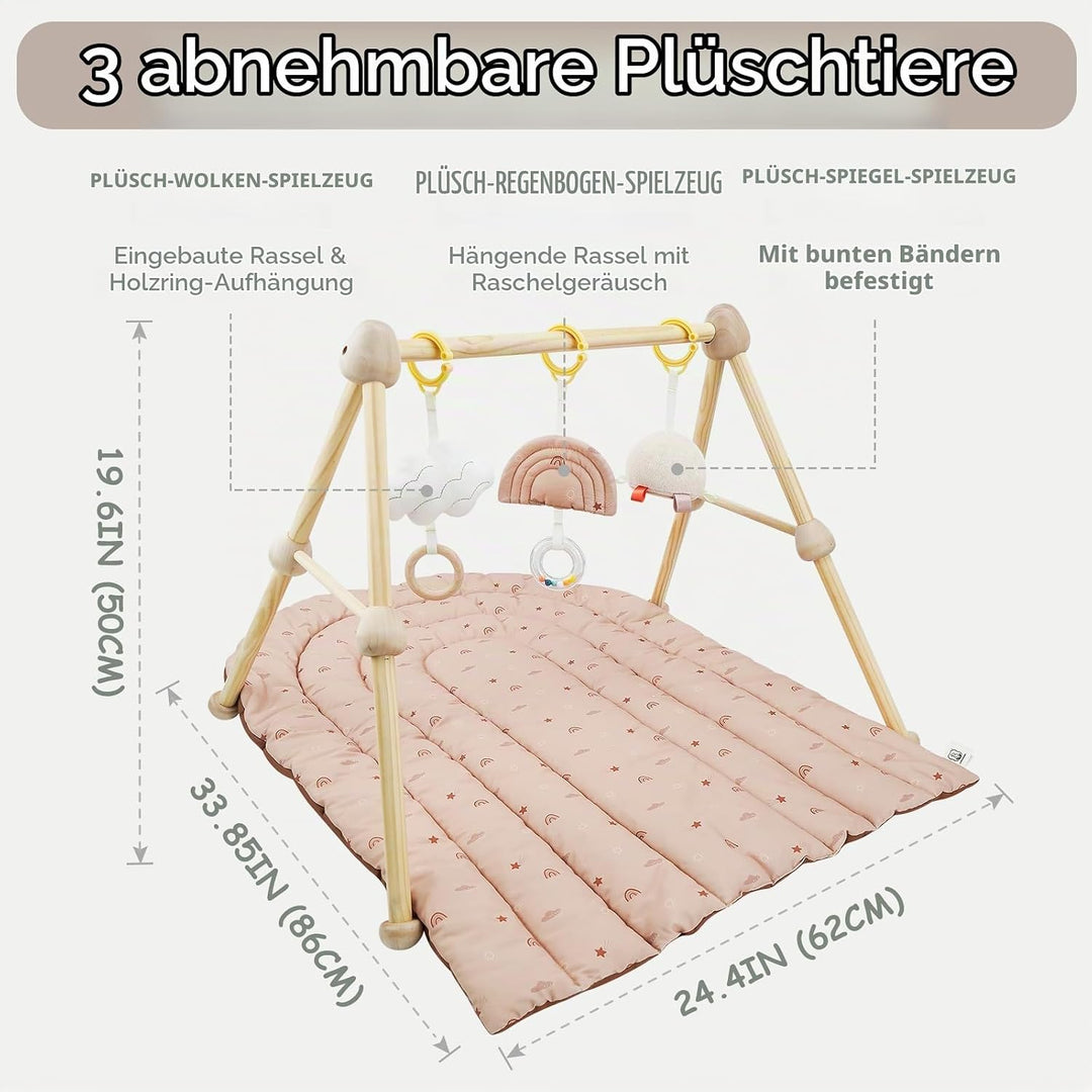 4 IN 1 Spielbogen Baby, Spielmatte Babies mit Natur Holz Activity Spielbogen, 3 abnehmbaren Spielzeu