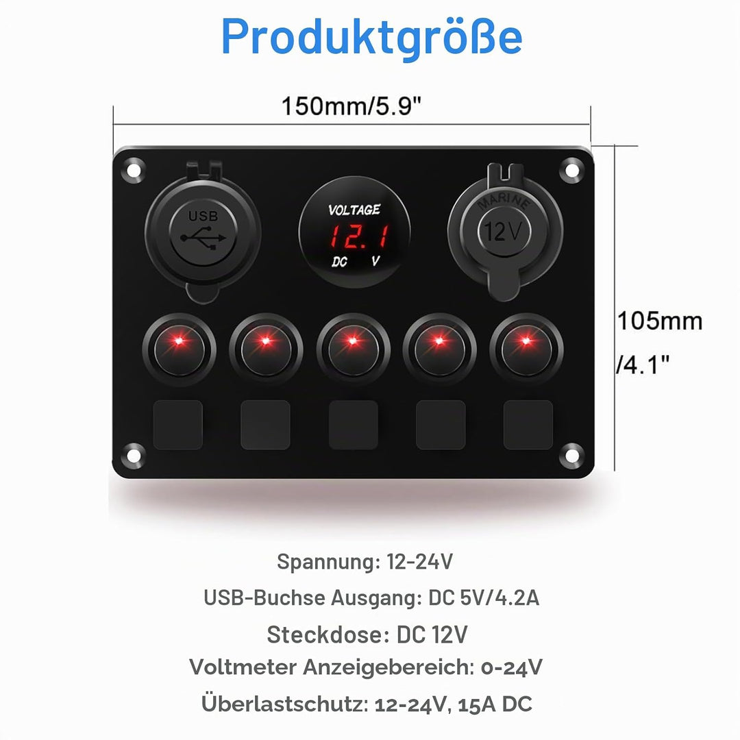 Geloo 5 Gang Schalter Panel, 12V/24V Kippschalter Panel IP65 Wasserdichte LED Voltmeter Dual USB Buc