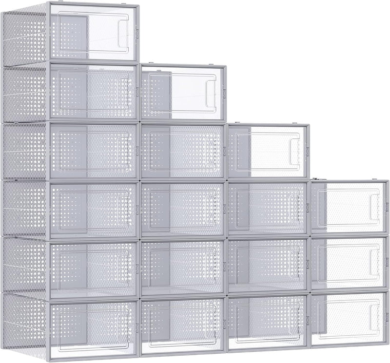 SONGMICS Schuhboxen, 18er Set Schuhkartons durchsichtig, faltbar und stapelbar, bis Grösse 44, trans