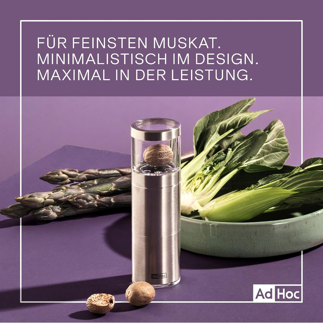 AdHoc Muskatmühle, Design Muskatreibe für ganze Muskatnüsse in Silber | Scharfe PreciseCutDuo Edelst