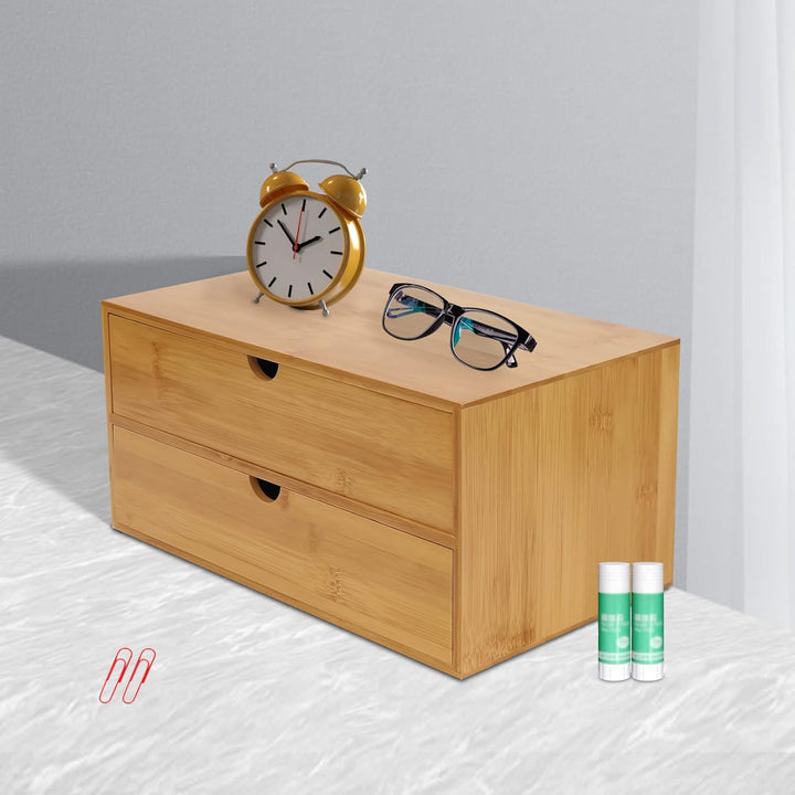Schreibtisch Organizer Bambus | 2 Schubladen Aufbewahrungsbox | Natur Holzoptik | Tischablage für Bü