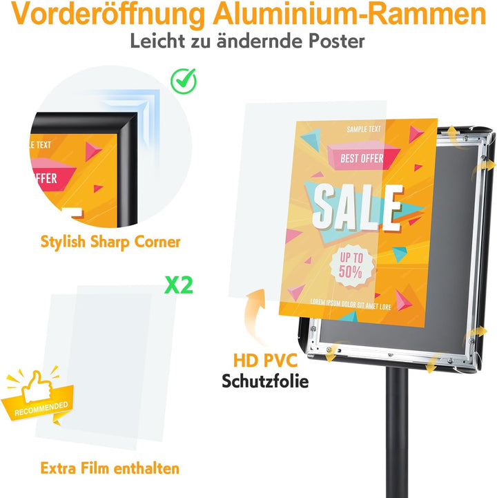 Infoständer DIN A4 210x297mm Höhenverstellbar Edelstahl informationsständer Schawrz (1), 1
