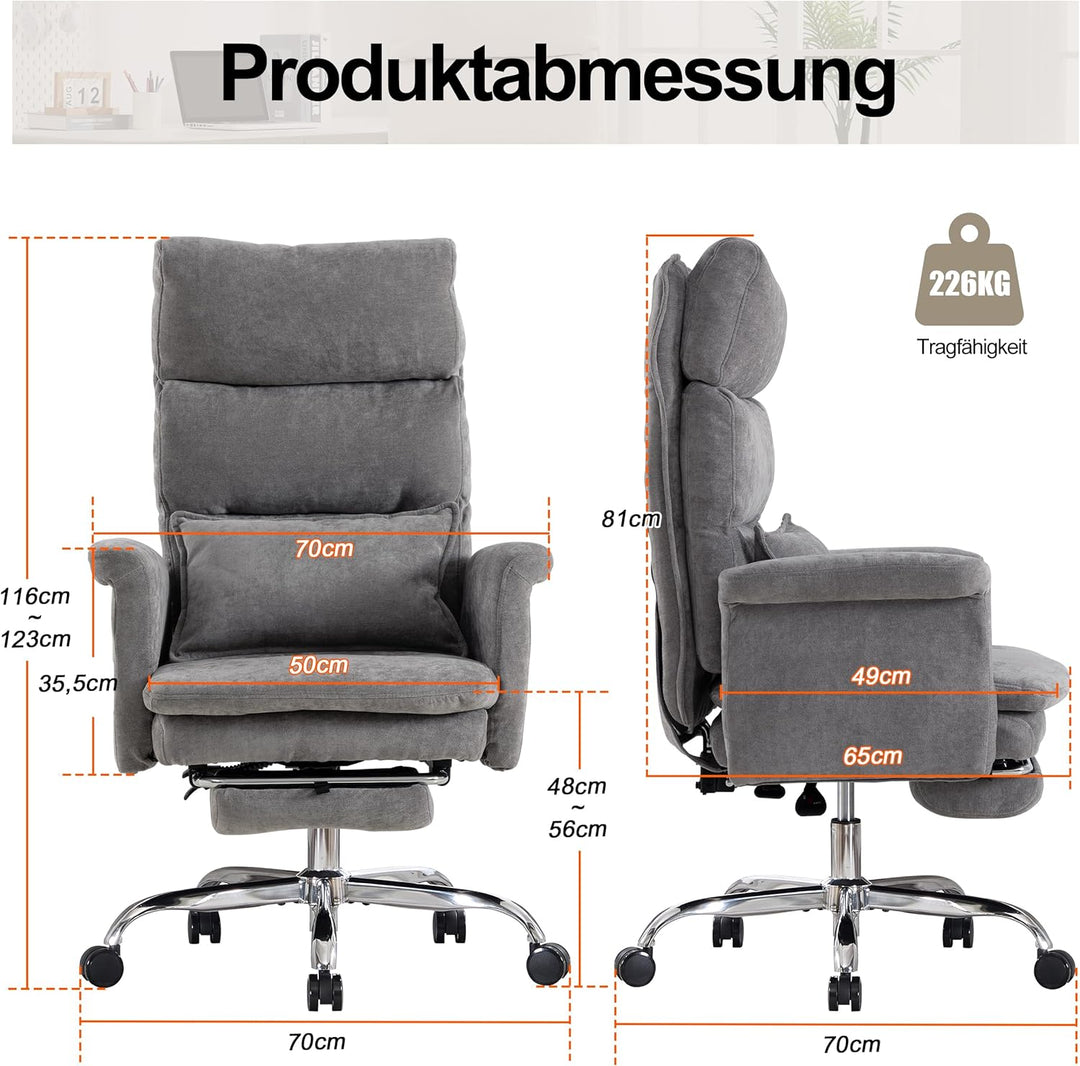 UEV Bürostuhl Ergonomisch mit Fussstütze bis 226kg,klappbare Armlehnen/Dicker Sitzpolsterung/Verstel