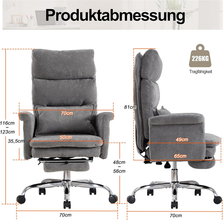 UEV Bürostuhl Ergonomisch mit Fussstütze bis 226kg,klappbare Armlehnen/Dicker Sitzpolsterung/Verstel