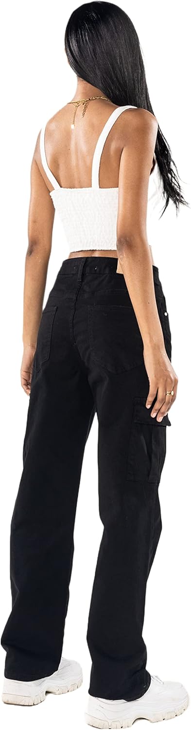 Q1885 Damen Cargo Jeans High Waist Cargohose Stretch Straight Leg Hose, S Schwarz (Q1885-1)