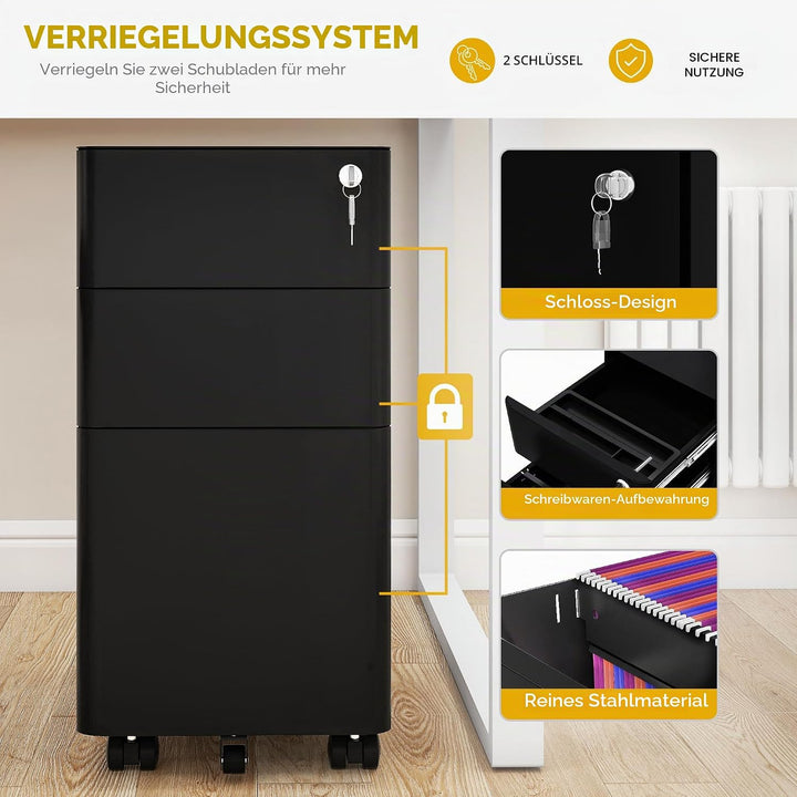Abschliessbarer Aktenschrank mit 3 Schubladen, Büroschubladen mit Schlüsseln, kompakter, schlanker,