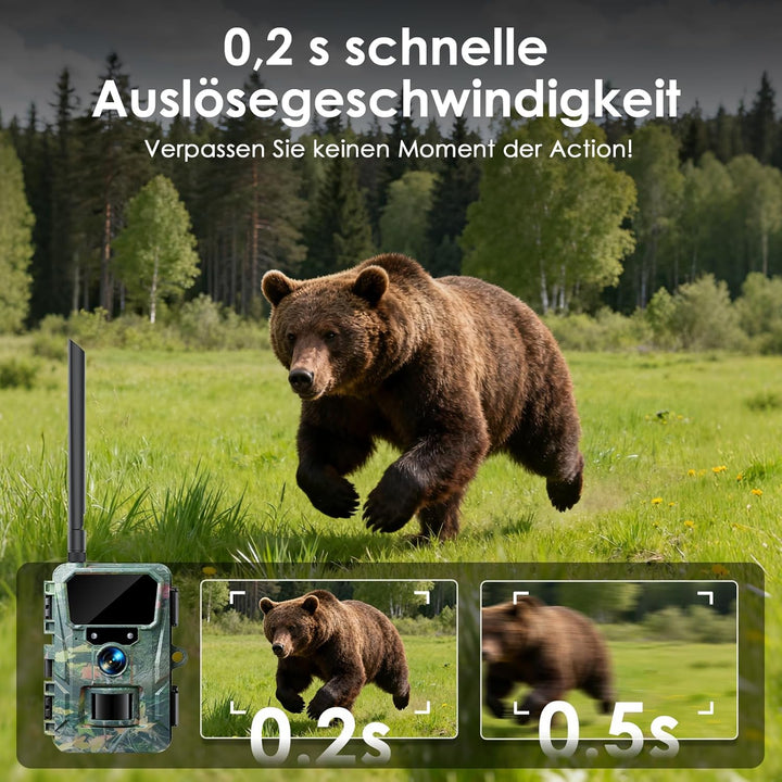 WOLFANG 4G/LTE Wildkamera Solar, 2K 48MP Live Übertragung Wildkamera mit Handyübertragung App, 5200H