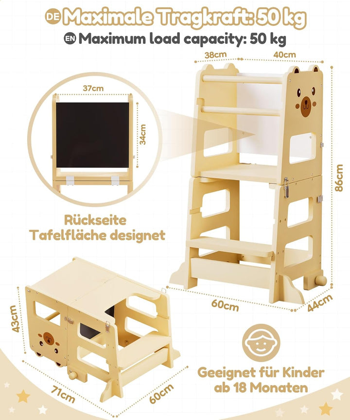 Yorbay Lernturm ab 1 Jahr Klappbar: 2 in 1 Montessori Learning Tower für Kinder mit Tafel - Tritthoc