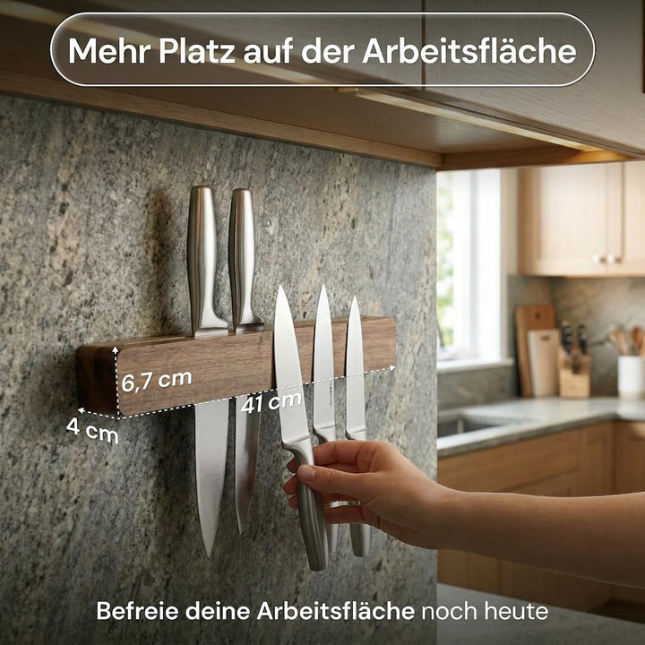 Magnetleiste Messer (41×7 cm) aus edlem aus Akazienholz – Messerhalter magnetisch für schwere Messer