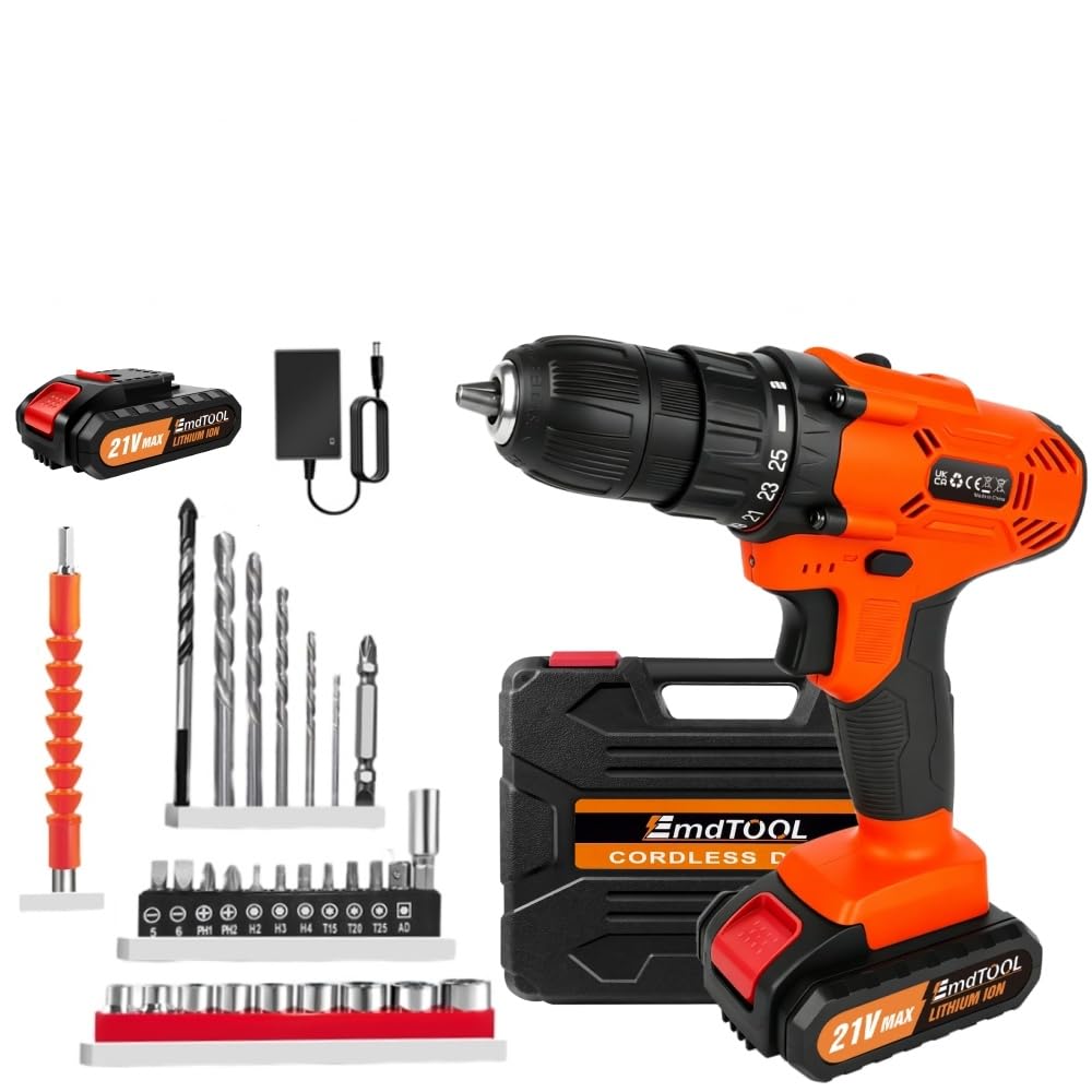 Akku-Bohrmaschine 21V Akkuschrauber Set mit 1.5 Ah Akku, Akku Bohrschrauber Set 25+1 Drehmomentstufe