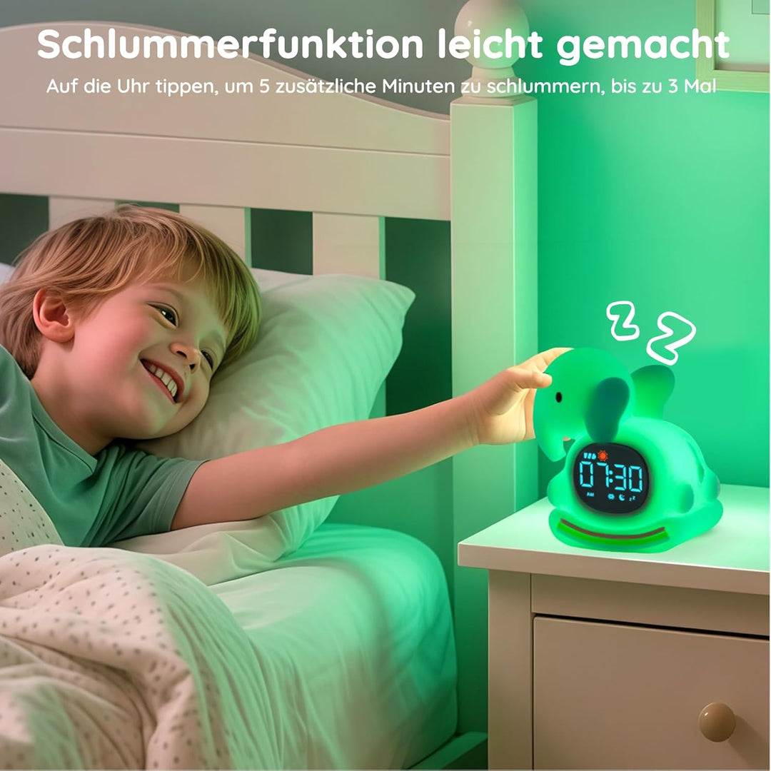 Yiliaw Grüner Elefant Kinderwecker mit Nachtlicht – Schlaftrainer & Aufwachuhr, wiederaufladbare Sil