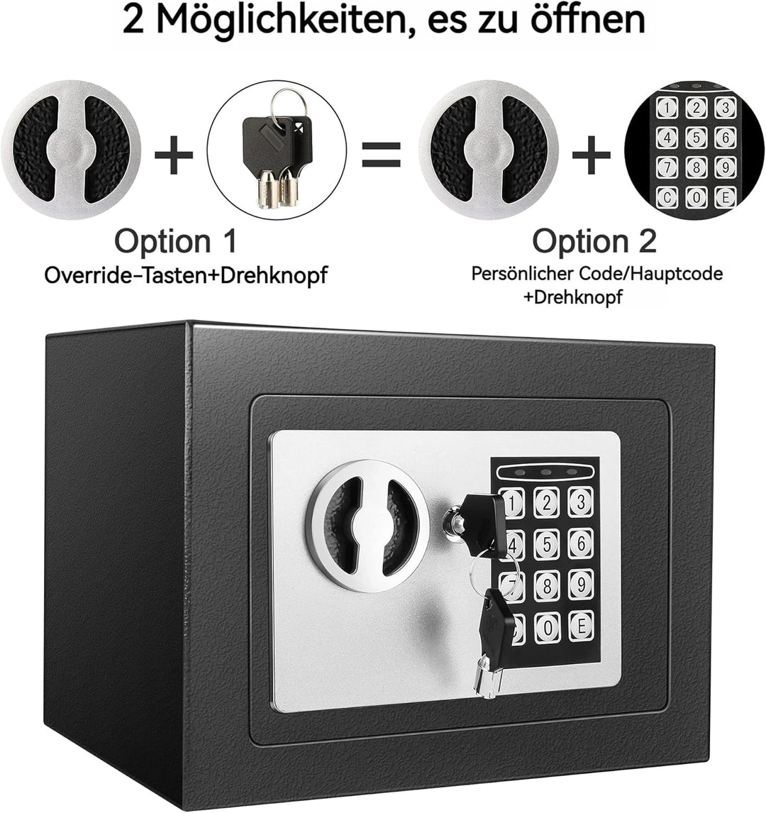 6,65L Kompakter Feuer- und Wasserdichter Tresor – Elektronischer Möbeltresor mit 2 Doppelstahlbolzen