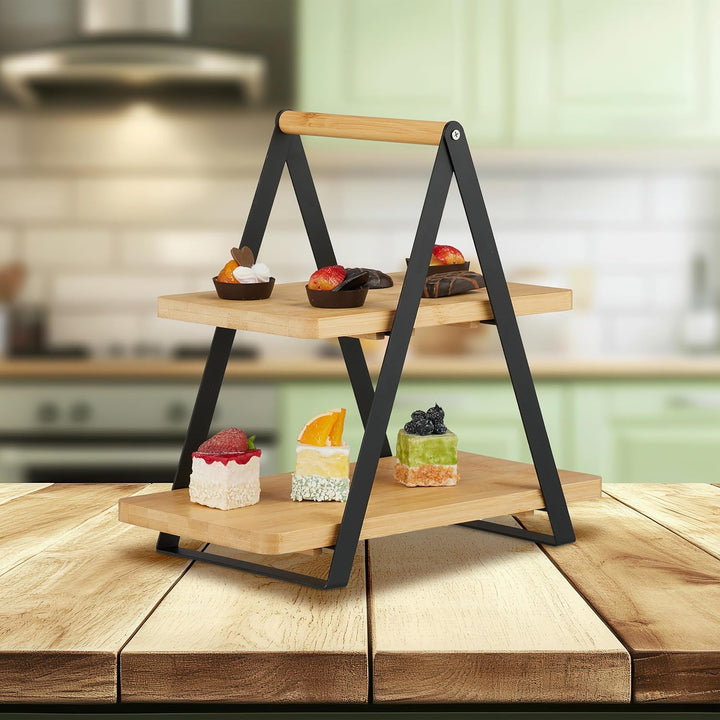 Relaxdays Etagere, 3 Etagen, Bambus, Metall, länglich, Griff, Kuchen, HBT 42x41x16,5 cm, Servierstän