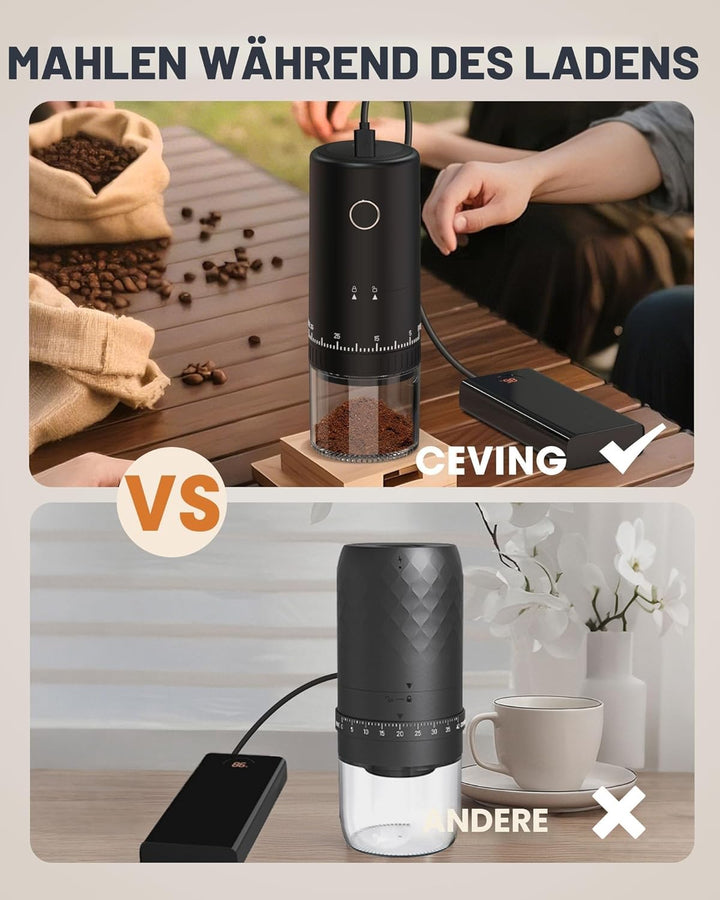 Erste Aufladbare Kaffeemühle mit Mahlfunktion während des Ladevorgangs, 1,7X Schnellere Mahlleistung