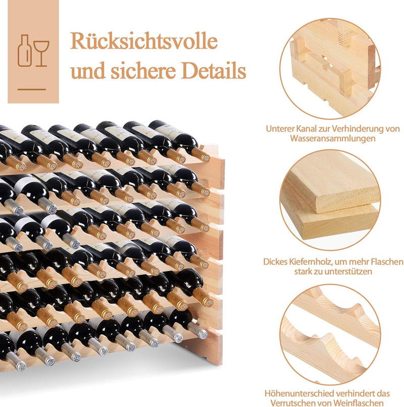 119 x 29 x 72 cm COSTWAY Weinregal Holz, Stapelbares Weinständer mit 6 Ebenen für 72 Flaschen, Flasc