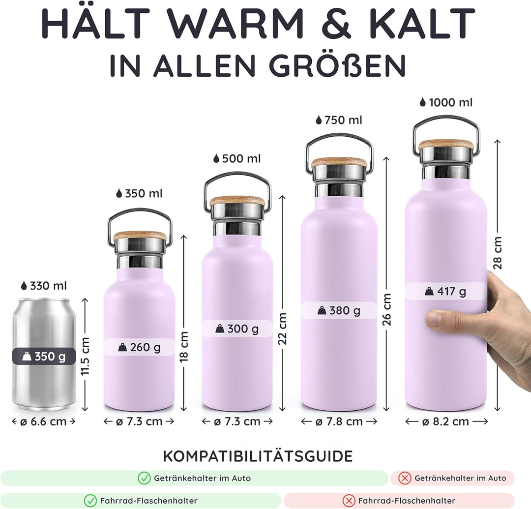 Bambaw Thermosflasche 350ml Edelstahl, Trinkflasche Spülmaschinenfest, Trinkflasche 350ml, Passt in
