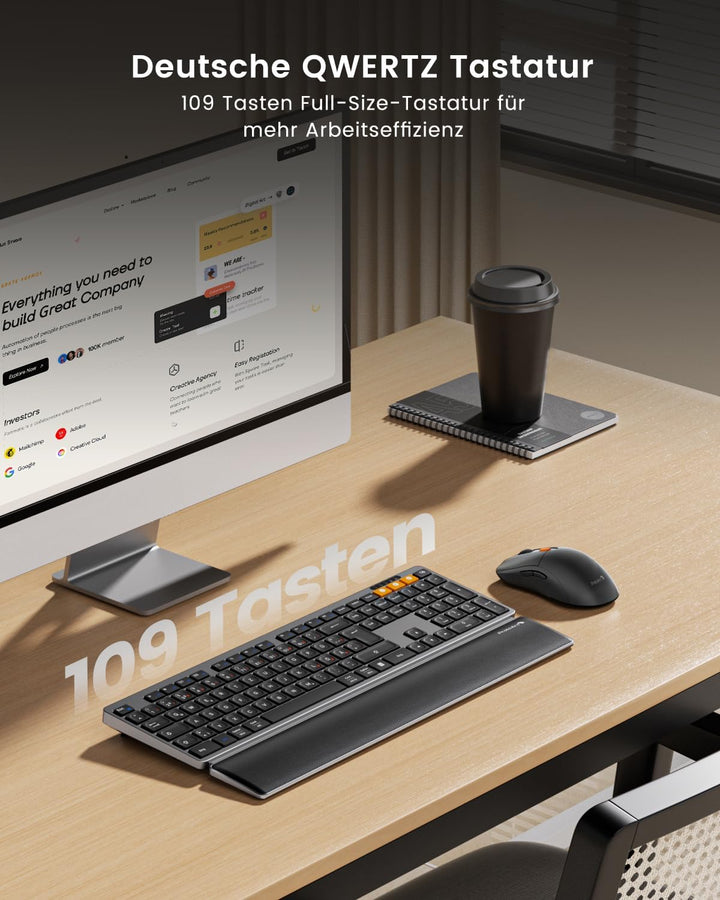 ProtoArc Kabellos Tastatur Maus Set, KM60 Full-Size Bluetooth Tastatur und Maus mit Handballenauflag