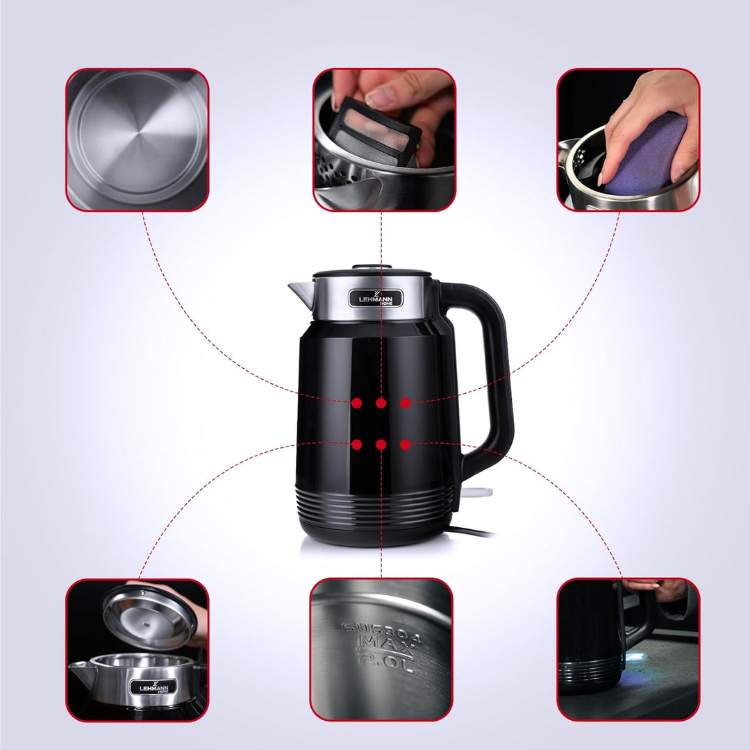 LEHMANN Elektrischer Wasserkocher Edelstahl 2L, 2200W, Schnelles Aufheizen, Doppelwand Design, Absch