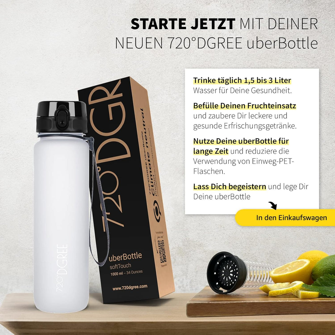 720°DGREE Trinkflasche 1l “uberBottle“ softTouch +Früchtebehälter - BPA-Frei - Schlanke Wasserflasch