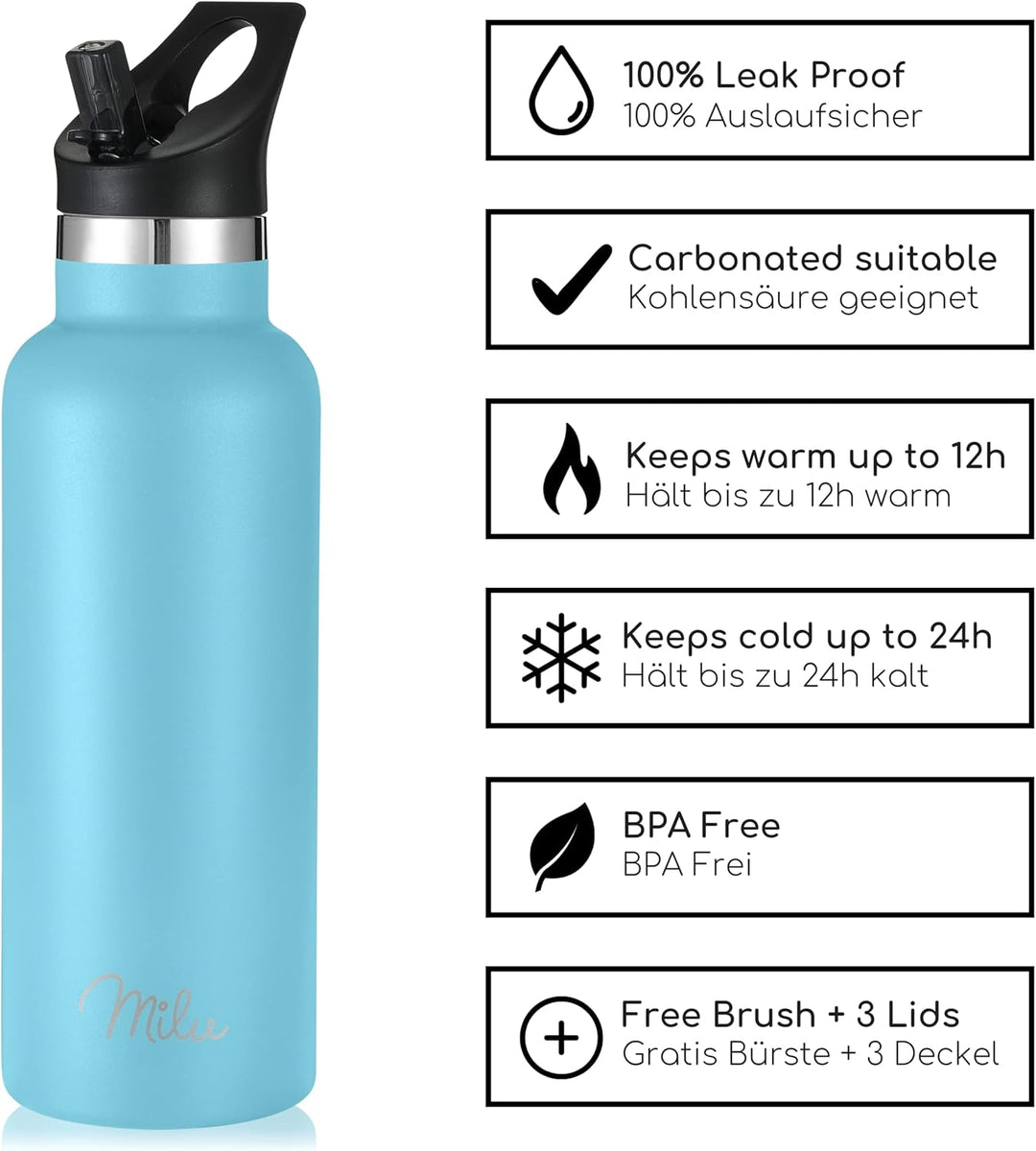 Milu Edelstahl Trinkflasche 350ml 500ml 750ml 1000ml (+3 Deckel) - Thermosflasche mit Strohhalm, Iso