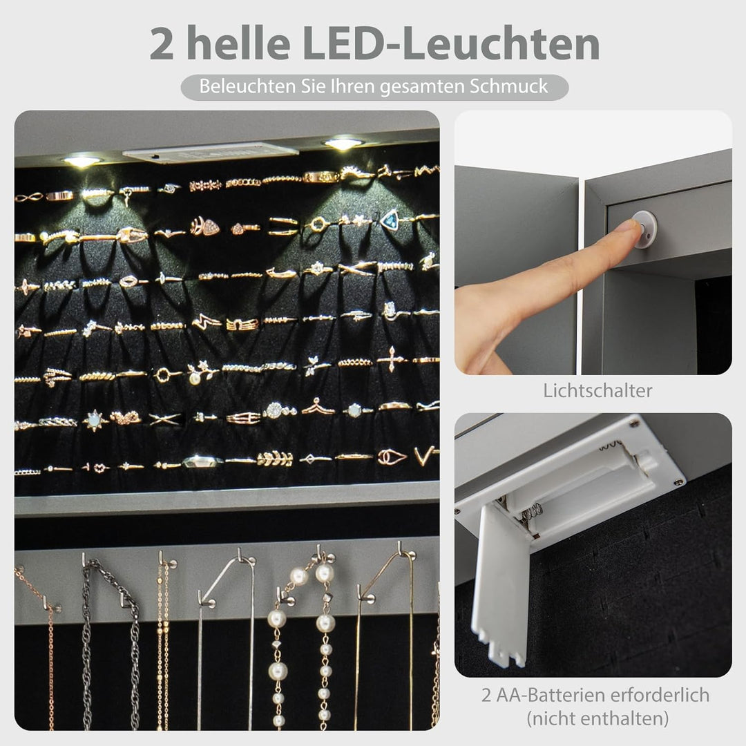 RELAX4LIFE Schmuckschrank Hängend, Spiegelschrank mit LED-Beleuchtung & Spiegel & Schloss, Schmuckor