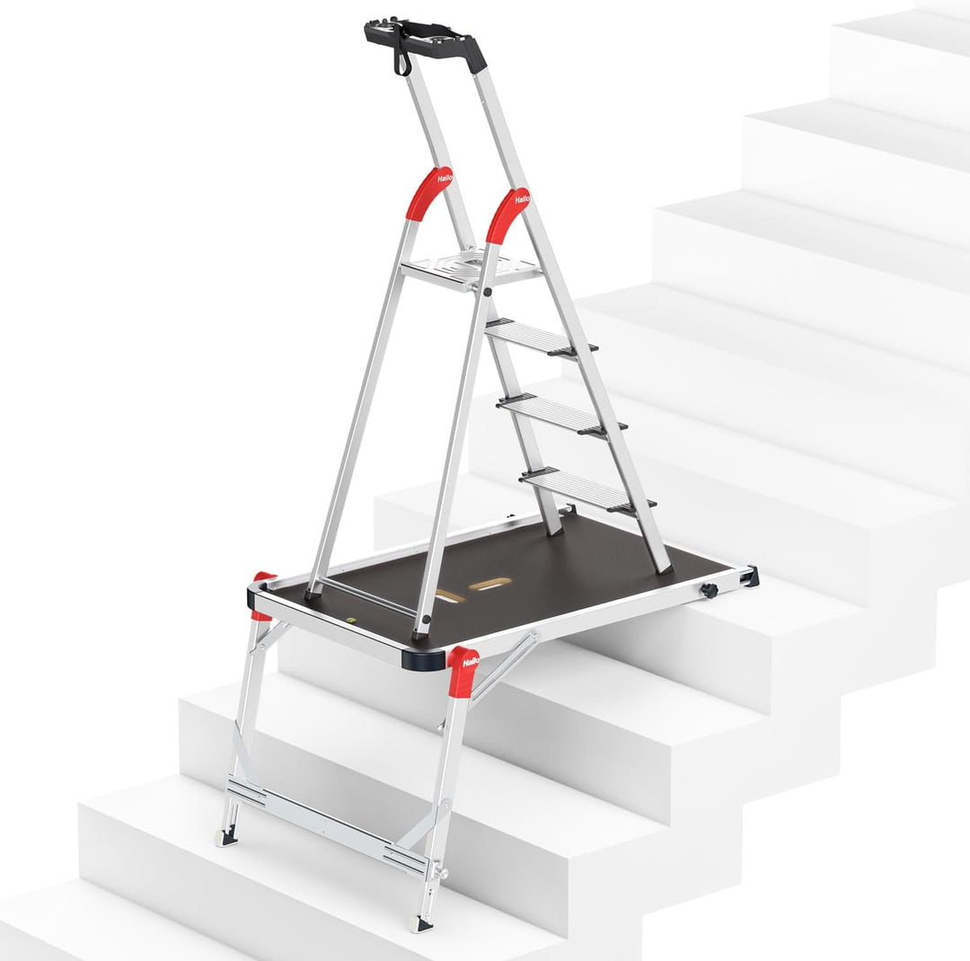 Hailo Stehleiter L80 ComfortLine im Set mit TP1 Treppenpodest - klappbare Aluleiter mit 4 XXL-Sicher
