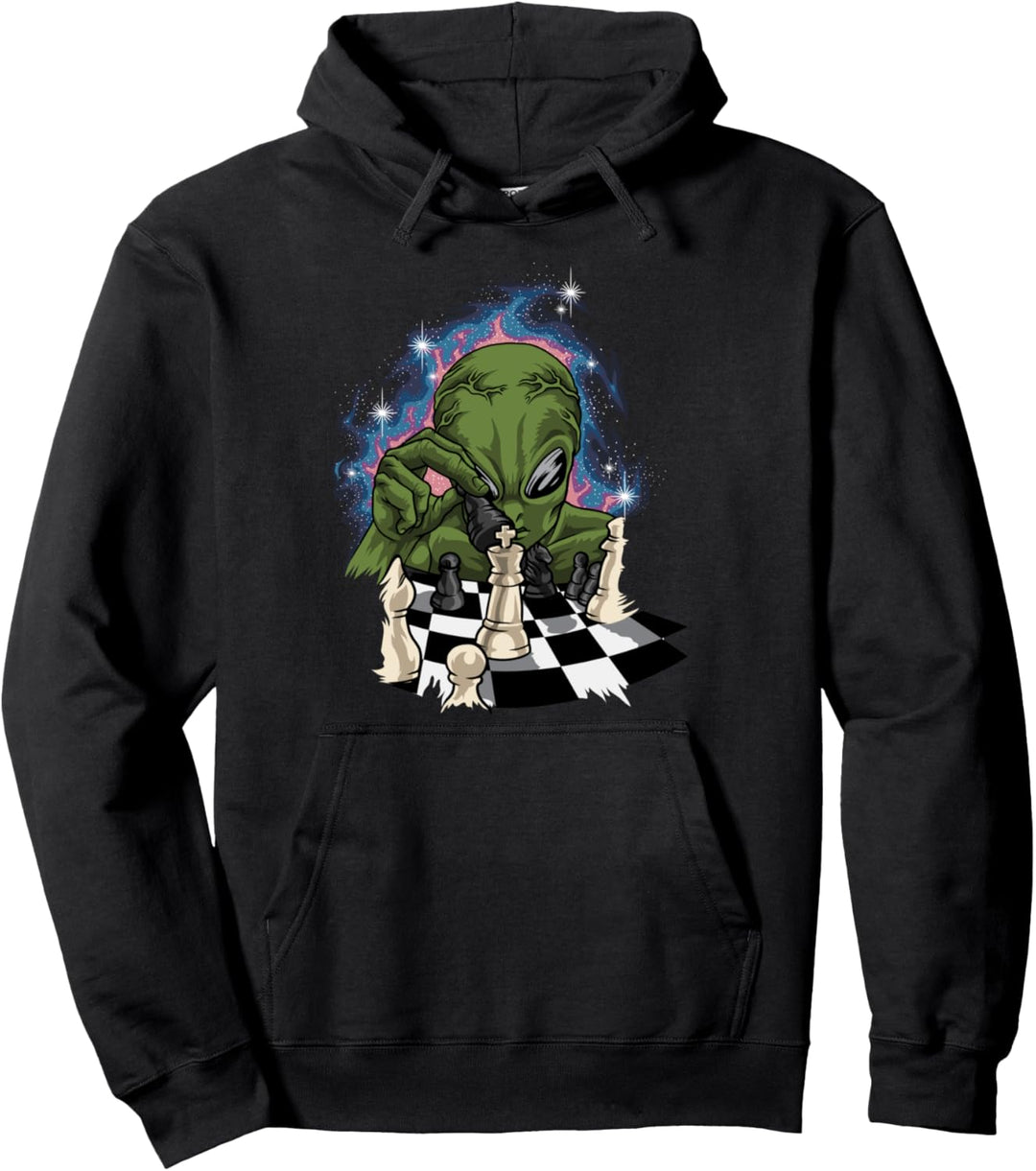 Grüner Alien Mit Schachbrett Und Schachfiguren - Schach Pullover Hoodie