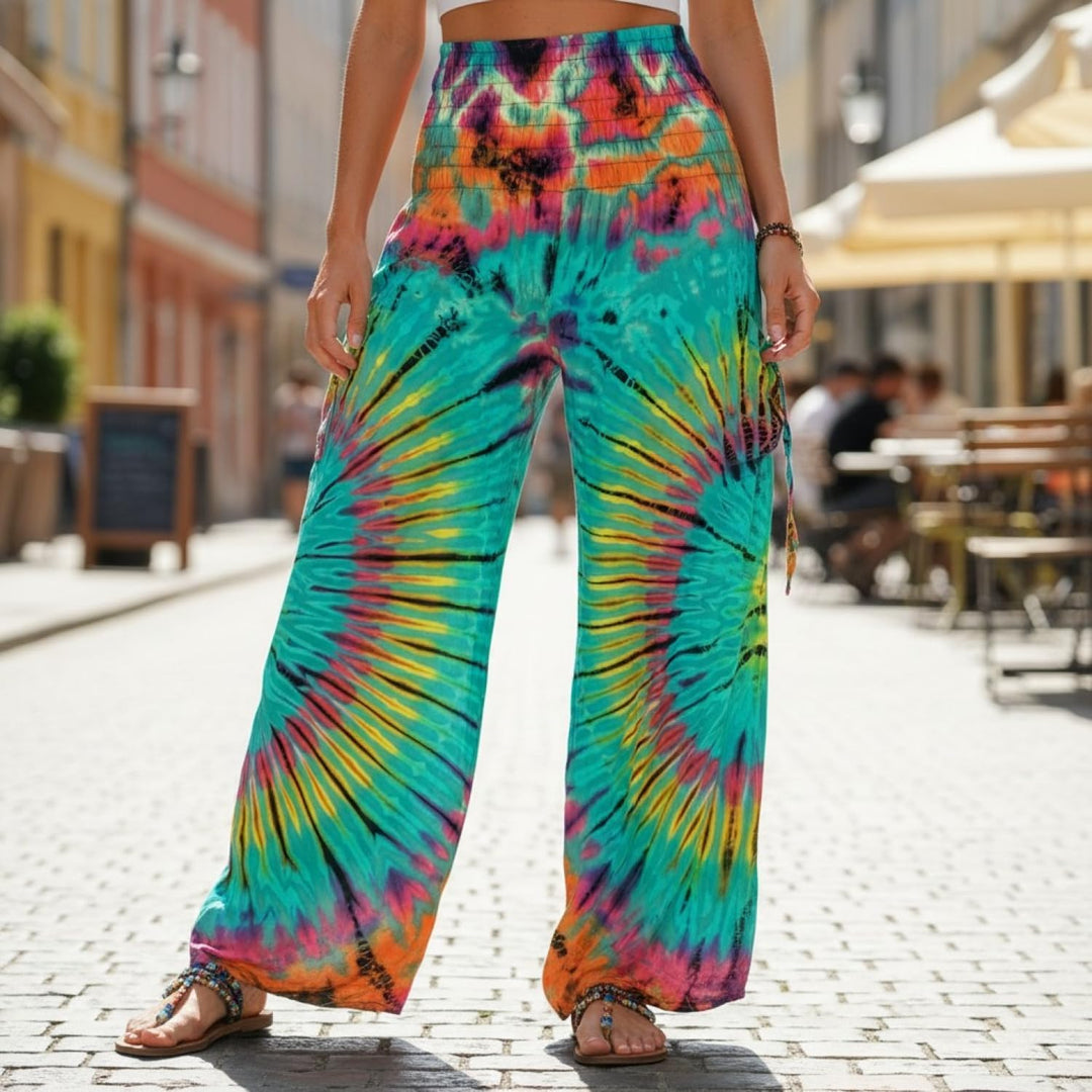 GURU SHOP Farbenfrohe Batikhose, Palazzohose, Weite Sommerhose, Damen, Synthetisch 36 Türkisgrün, 36
