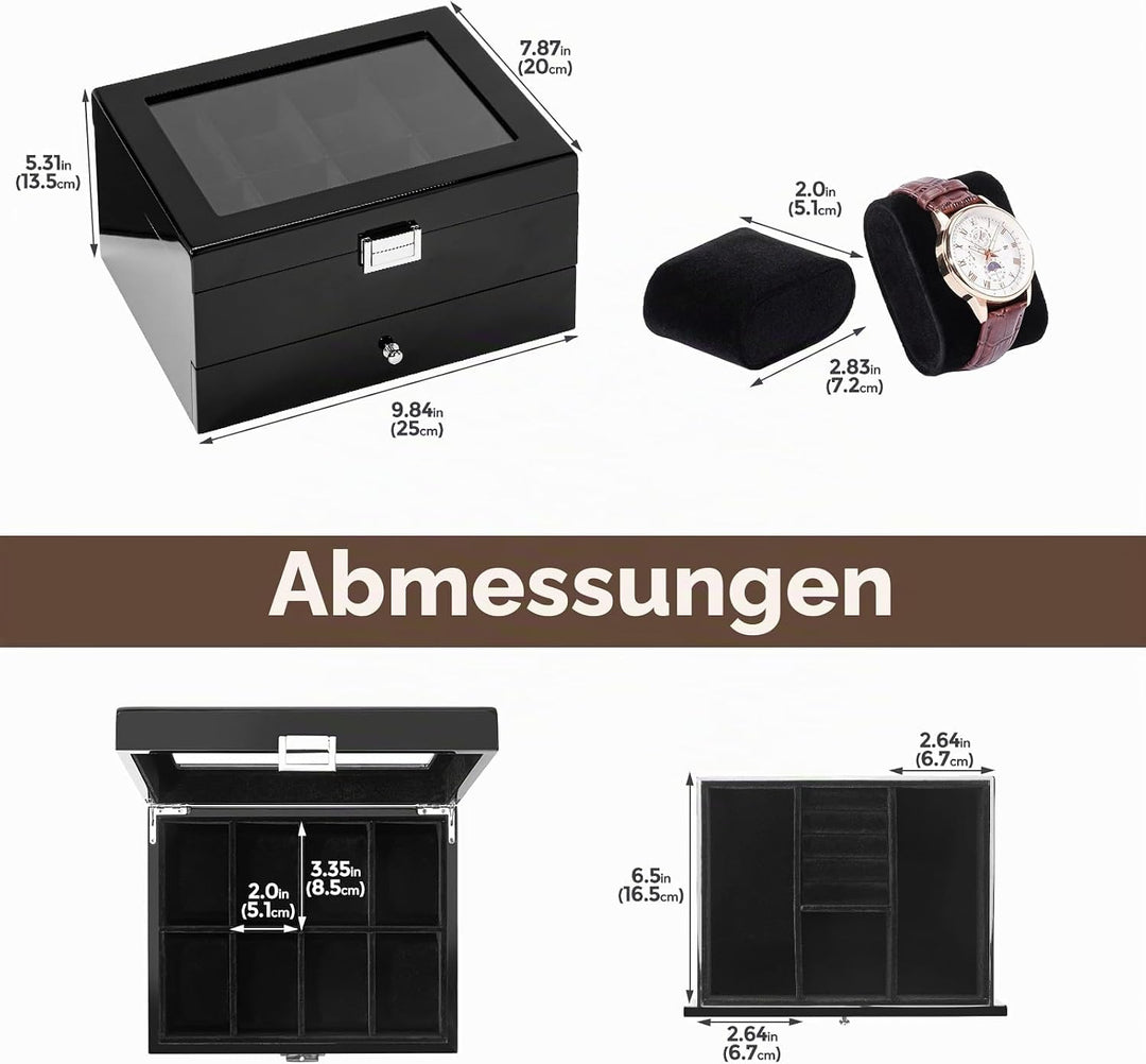 ProCase Uhrenbox mit 8 Fächern, Uhrenkasten Uhrenkoffer mit Glasdeckel Uhrenkissen, Uhrenschatulle f
