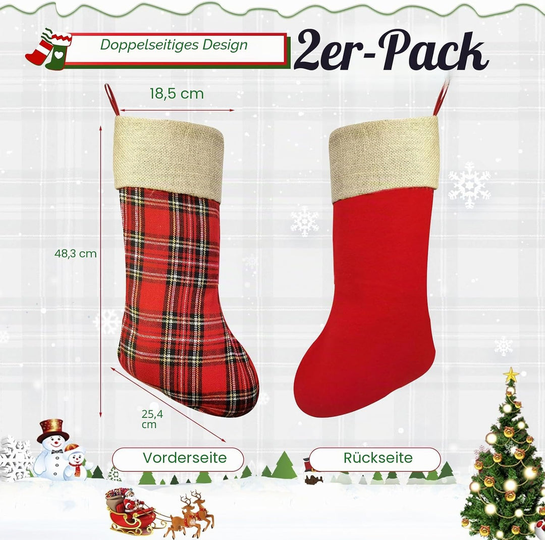 2 Stück Weihnachtsstrumpf, Plaid Nikolausstrumpf 48cm gross mit Jute Cuff zum befüllen, Dekoration f
